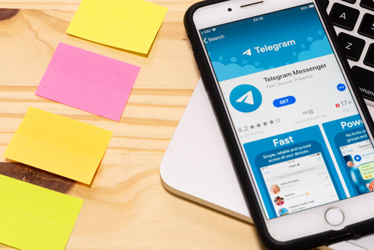 December  24, 2019, Brazil. Telegram application icon on Apple iPhone screen close-up. Telegram app icon. Telegram is an online social media network. Social media app.
