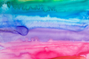 Water color background with various artistic brush strokes: blue, green, red, pink, lilac, violet tint. Hand drawn watercolour graphic drawing. Beautiful backdrop for creative design, card, banner.