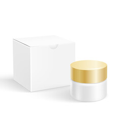 Plastic jar for cosmetic and paper box isolated on white background. Vector template for mock up.