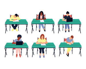 A set of students seated at a table. Students read a textbook, write a test, and study on a computer. Teenagers with different skin colors. Flat vector cartoon illustration.