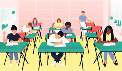Students answer questions on homework in the classroom. Learning concept. Teenagers with different skin colors. Test question. Flat vector cartoon illustration.