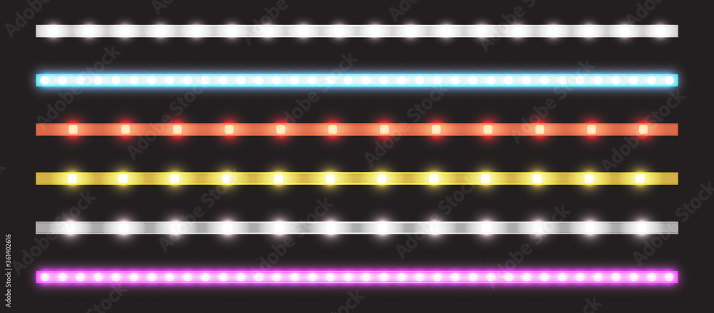 Aufkleber led strips with neon glow effect isolated on transparent background. vector realistic set of colored