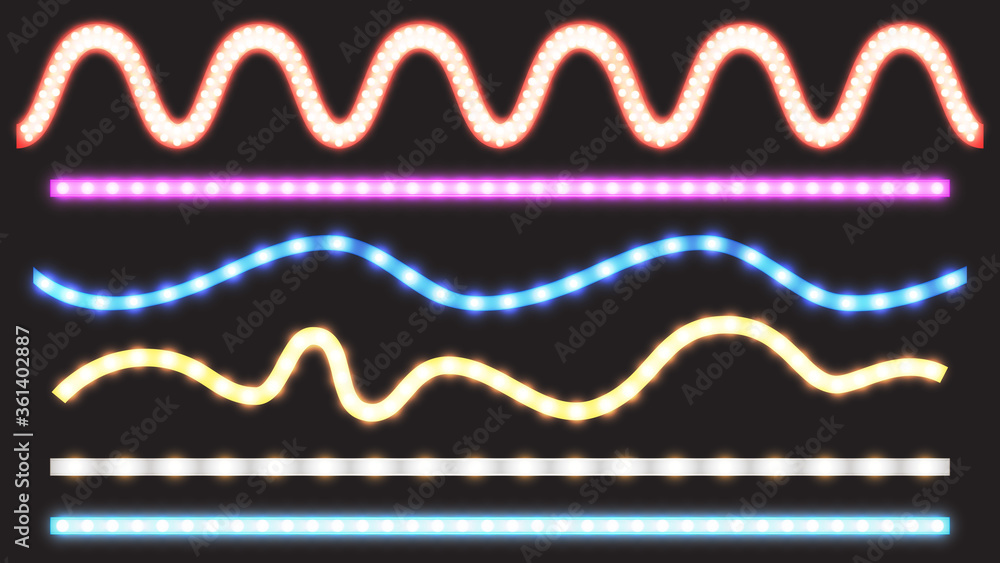Aufkleber led strips with neon light effect isolated on transparent background. vector realistic set of colore