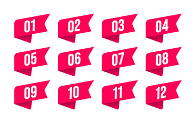 Bullet point 1 to 12. Red label ribbons set. Vector illustration.