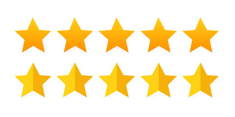 Product ratings, five stars or golden star, quality rating, feedback. Premium icon set flat logo in yellow on isolated white background.