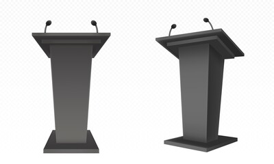 Black pulpit, podium or tribune front side view. Rostrum stand with microphone for conference debates, trophy isolated on transparent. Business presentation speech pedestal Realistic vector mock up