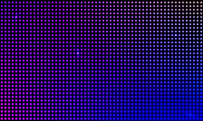 Led wall video screen with blue and purple dot lights on black background. Vector background with grid pattern of pixels for led display. Digital panel with mesh of diode lamps