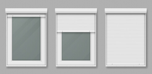 Fototapeta na wymiar Plastic window with rolling shutter isolated on transparent background. Vector realistic set of closed and open roller up for glass window, white metal blind for office or shopfront