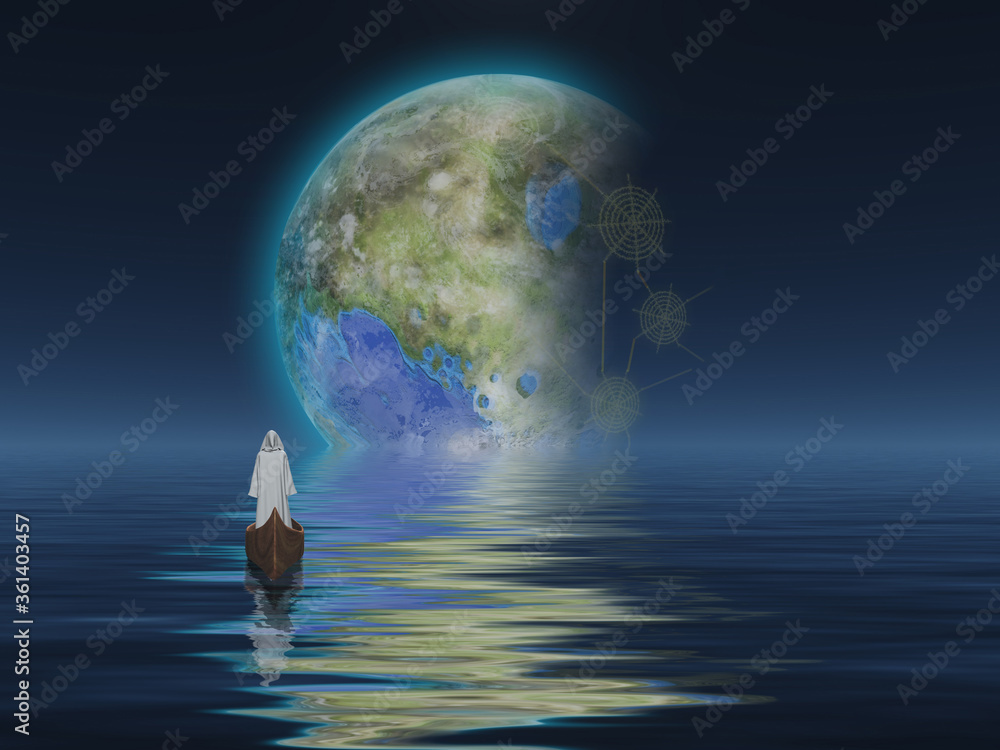 Poster figure in cloak floats in boat towards terraformed moon. 3d rendering