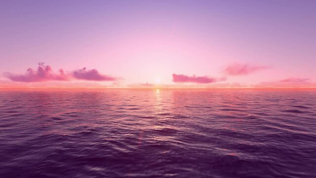 Peaceful ocean sunset with gentle pink clouds drifting over a calm sea &mdash; a breathtaking moment of tranquility in a stylized 3D environment