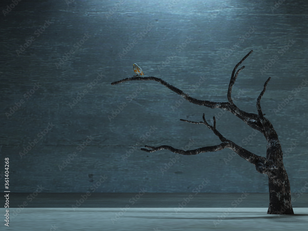 Poster bare tree with bird in surreal space