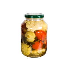 Canned vegetables in a glass jar. Isolated on white background
