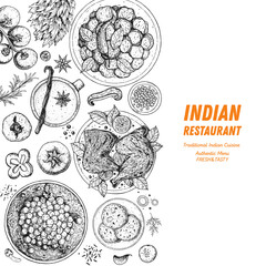 Indian food illustration. Hand drawn sketch. Vector illustration. Menu background.
