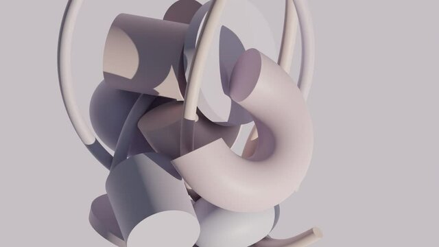 Dynamic animation of colorful geometric figures levitation in zero gravity. 3d render of primitive shapes swing. Messy objects collision bounce on color background.