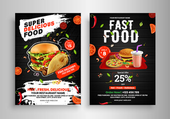 Fast Food Flyer Design Template cooking, cafe and restaurant menu, food ordering, junk food. Pizza, Burger, French fries and Soda. Vector illustration for banner, poster, flyer, cover, menu, brochure. - obrazy, fototapety, plakaty