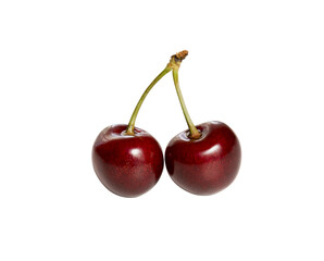 Two ripe cherries isolated on a white background. Fresh berries. Cherry tree harvest.