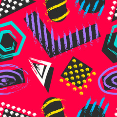 vector black geometric an overlap with rough colorful freeform lines brush seamless pattern on red