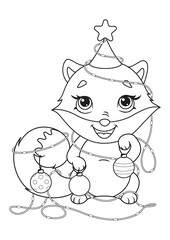 Fox with Christmas Garland and Balls Coloring Page. Outline cartoon vector illustration