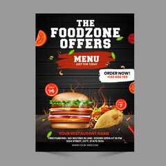 Fast Food Flyer Design Template cooking, cafe and restaurant menu, food ordering, junk food. Pizza, Burger, French fries and Soda. Vector illustration for banner, poster, flyer, cover, menu, brochure.