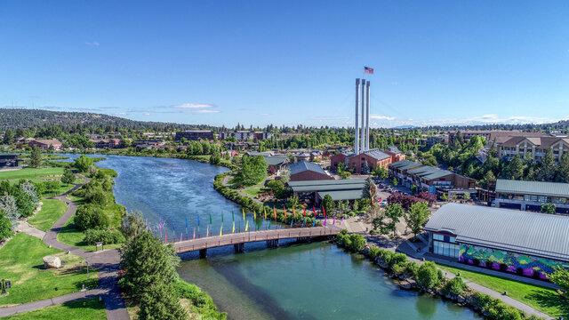 Summertime in Old Mill District on the Deschutes River in Bend, Oregon