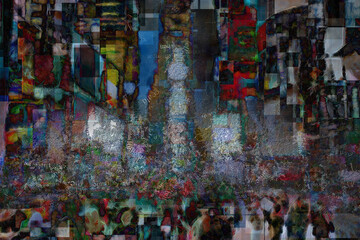 Abstract modern painting with words cloud. Times Square. 3D rendering