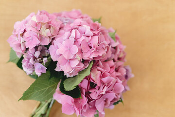 Hydrangea bouquet on rustic wooden background, top view. Beautiful pink and purple hydrangea flowers at home. Happy mothers day