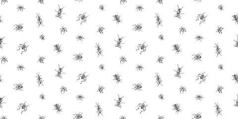 Hand drawn seamless pattern with beetles collection. Sketch style vector illustration. Black isolated bugs insect on white endless background