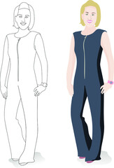 Stylish drawing, girl model in a fancy jumpsuit, smiling.  Shopping as a lifestyle. Street fashion. Vector color illustration and line-art contour