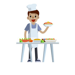 Flat Man cook holding plate of food. Table with delicious meal and dishes. Chef and waiter at work in restaurant and cafe. Element of kitchen. Cartoon illustration. Guy in white apron