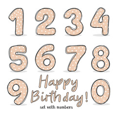 Set with numbers from 0 to 9. a Holiday set for a party, birthday, anniversary and wedding celebration. Vector illustration in sketch style. Hand-drawn.