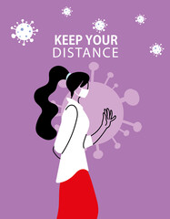 Social distancing and woman with mask vector design