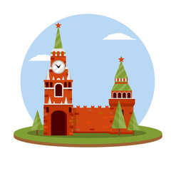 Moscow's kremlin. Tourist destination for tour to capital. Fortress with tower and wall. Tourist attraction. Cartoon flat illustration. Summer season. Residence of Russian. President on red square