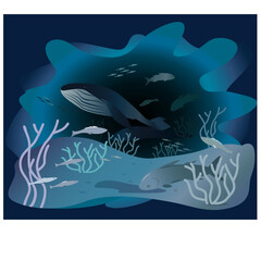 Ocean. Wild flora and fauna. Undersea world. Illustration for book, calendar, banner.