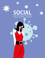 Social distancing and woman with mask vector design