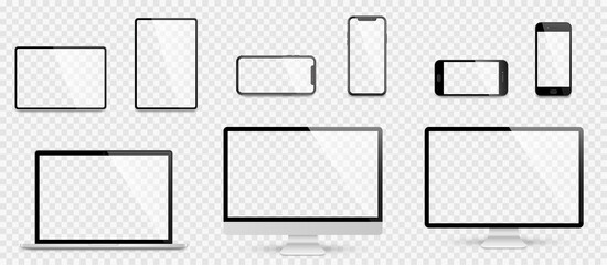 Realistic set computer, laptop, tablet and smartphone. Device screen mockup collection. Realistic mock up computer, laptop, tablet, phone with shadow- stock vector. - obrazy, fototapety, plakaty