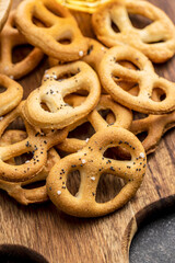 Crispy salted pretzels.