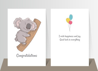 Cute koala holding tree. Hand drawn doodle poster template with airballs. Cute cartoon bear character