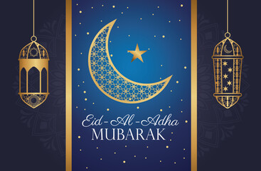 Eid Al Adha Mubarak celebration with golden moon and lanterns hanging