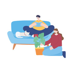 stay at home, guy reading book and girl with plant, self isolation, activities in quarantine for coronavirus