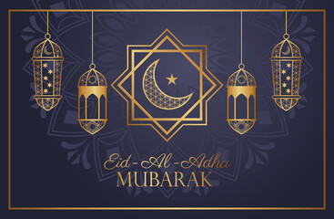 Eid Al Adha Mubarak celebration with golden lanterns hanging