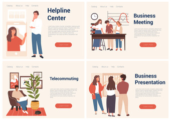 Four scenes showing different work situations with a helpline centre, corporate business meeting, telecommuting and a presentation in the office, colored vector illustration