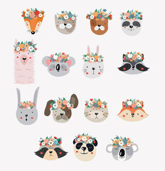 Set of cute cartoon animals wearing flower crowns isolated on white for use as design elements, colored vector illustration