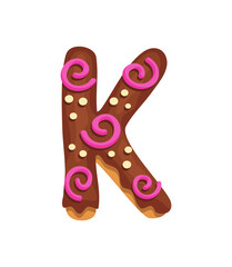 Cartoon cookies font. Vector letter baking in colored glaze. Creative gingerbread typography design. Childhood sweet donut. Letter K