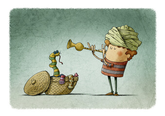 boy with a turban on his head plays the flute and a snake-shaped sock comes out of a dirty laundry basket. - 361411870