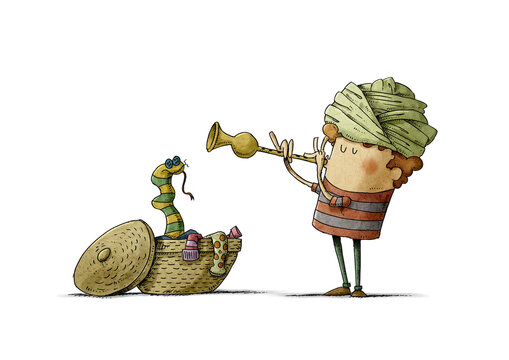 boy with a turban on his head plays the flute and a snake-shaped sock comes out of a dirty laundry basket. isolated