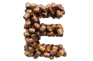 Letter E from wooden barrels, 3D rendering