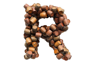 Letter R from wooden barrels, 3D rendering