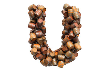 Letter U from wooden barrels, 3D rendering