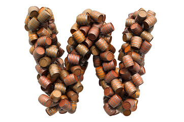 Letter W from wooden barrels, 3D rendering