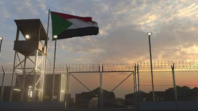 Military base with waving flag of Sudan 3d